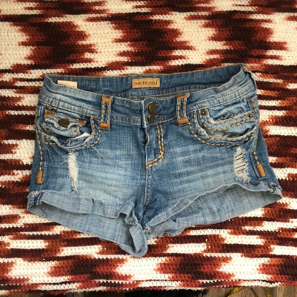 Y2K 2000s Micro Mini Baddie Low Rise Denim Jean Shorts Bedazzled Khaki Brown